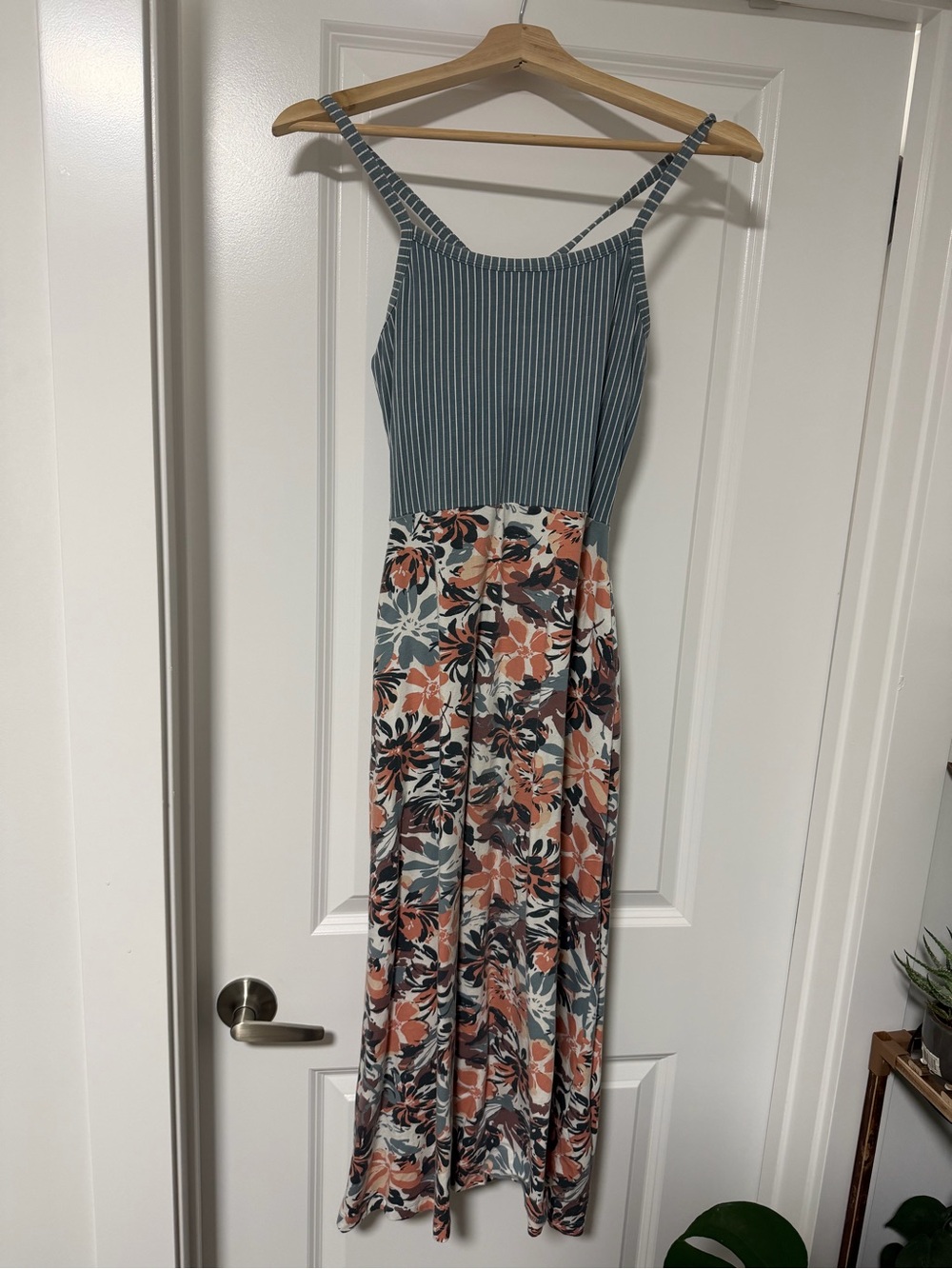 Pact Blue Striped Bodice with Peach Floral Midi Dress